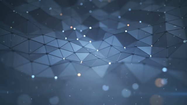 Low poly surface with glowing nodes. Abstract futuristic technology background. Seamless loop 3D render animation