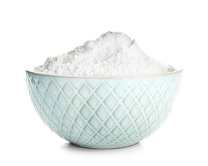 Bowl with flour on white background
