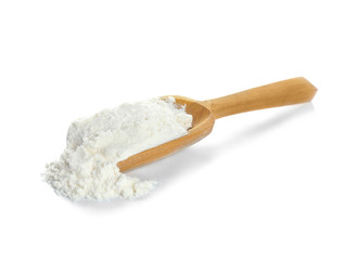 Fototapeta na wymiar Scoop with flour on white background