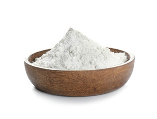 Plate with flour on white background