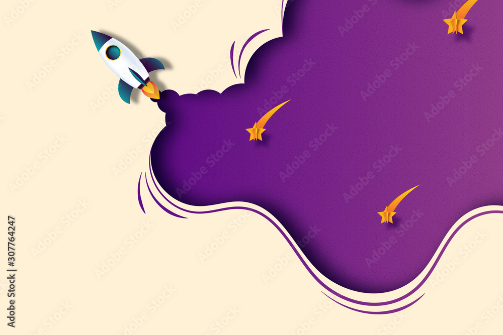 Poster rocket ship with business start up concept background landing page website template.