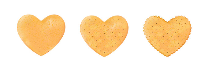 Set heart realistic, crackers. Chips hearts shape isolated on white background for love or Valentines day. Design biscuit for breakfast and tasty snack, holiday food. Vector illustration.