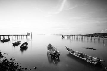 Long exposure shot of seascape in black and white.