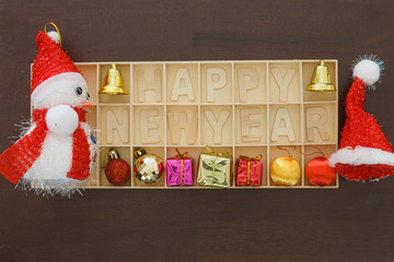 Fototapeta premium Happy new year background with christmas ball and gift,ornament on floor wooden