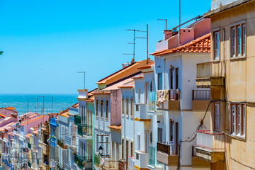 View of a narrow street in Nazare, Portugal