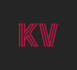 Initial two letter red line shape logo on black vector KV