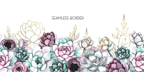 Watercolor floral seamless borders with flowers, succulents, branches, twigs, gold and black silhouettes of succulents, For wedding invitation, card making