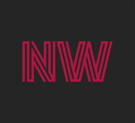 Initial two letter red line shape logo on black vector NW