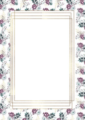 Watercolor floral frames with flowers, succulents, branches, twigs, gold and black silhouettes of succulents, For wedding invitation, card making