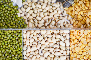 whole grains beans and legumes seeds lentils background top view - Collage various beans mix peas agriculture of natural healthy food for cooking ingredients Mung beans , Soya Bean , Black eyed peas