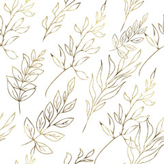 Watercolor floral seamless pattern with flowers, succulents, branches, twigs, gold and black silhouettes of succulents, For wedding invitation, card making