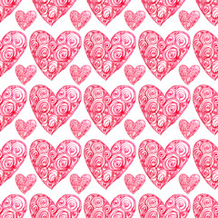 Fototapeta na wymiar Seamless pattern red ornate heart hand-drawn marker on white background
