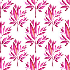 Seamless pattern watercolor pink plant isolated on white background