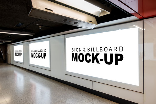 Mock up three blank advertising billboard on metro station