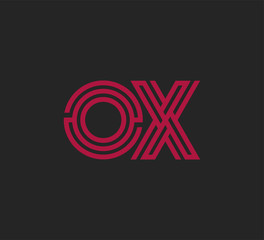Initial two letter red line shape logo on black vector OX