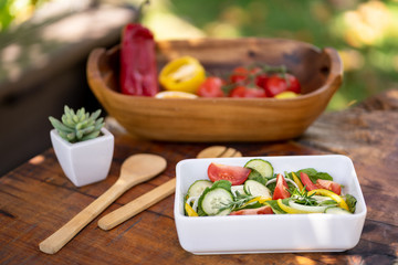 Fresh salad with cucumber, baby spinach, onion and tomato served on a white plate on a wooden table. Behind there are wooden cutlery, a cactus and a bowl full of vegetables. Natural environment