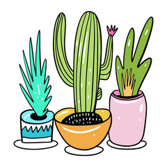 Potted house plants in cartoon style. Hygge home hand drawn vector illustration.