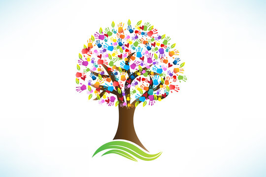 Logo tree hands print love hearts colorful vector image