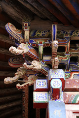 Architectural details of the roof at Tianshui Wushan Water Curtain Caves, Gansu China. OR Temple roof details at the Water Curtain Caves in Wushan , Gansu, China.