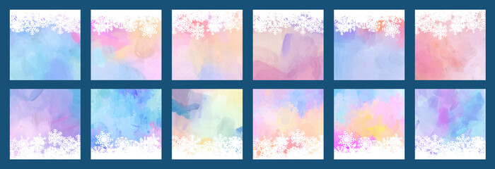 Christmas and New Year colorful watercolor background bundle set with snowflakes	