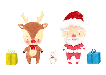 Cute Santa, reindeer, cat and gift boxes. cartoon character watercolor hand painting for decoration in winter, Christmas, and new year festival advertising. isolated on white background. 