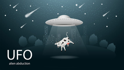 flying saucer UFO abducting animal is the cow in the beam of light banner design in dark blue background illustration of night city among the trees, the starry sky