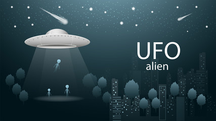 flying saucer UFO aliens fly away loading into spaceship beam of light banner design in dark blue background illustration night city among trees starry sky