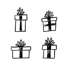 Gift box doodles. Christmas presents hand drawn illustration.