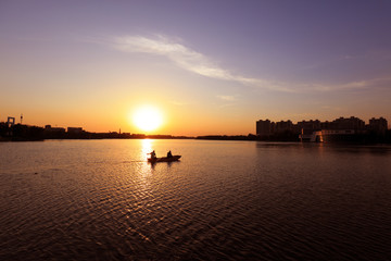 Fishing boats sail in rivers, Tangshan City, Hebei Province, China