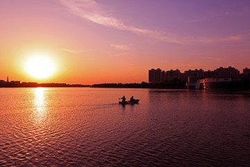 Fototapeta premium Fishing boats sail in rivers, Tangshan City, Hebei Province, China