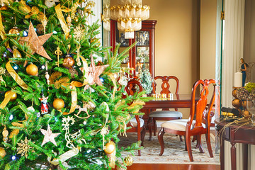 Interior room with decorated Christmas tree