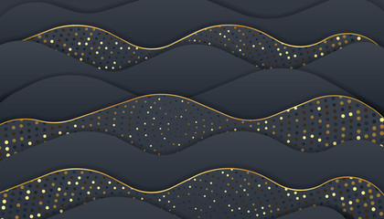 Luxury wave paper cut backgrounds with golden line and halftone gradients Vector illustration. Black, dark blue, and gold waves Cover template, modern minimal banner.
