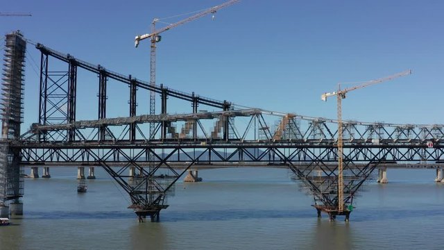 Steel foundations and pillars of Hercilio Luz Bridge under restoration, aerial