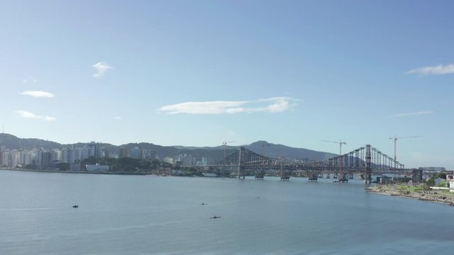 Panorama of Hercilio Luz Bridge connecting island Santa Catarina to mainland