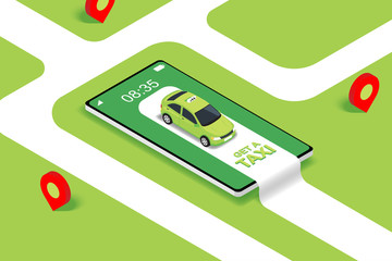 Online mobile taxi order service app concept. Green taxi on mobile and map marker on the roadside. Flat isometric vector illustration © Vectoro