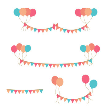 Bunches of colorful balloons in flat style vector isolated on white background. Colorful flags. Holiday banner.