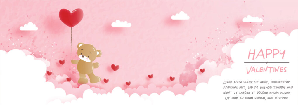 Valentines card with cute teddy bear in paper cut style vector illustration.