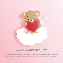 Valentines card with cute teddy bear in paper cut style vector illustration.