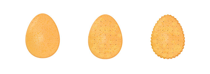 Set Easter realistic egg crackers. Chips shape eggs isolated on white background. Design biscuit for breakfast and tasty snack, holiday food. Vector illustration