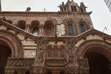 Closeup of exterior of Trinity Church in the Back Bay neighborhood of Boston at Copley Square.