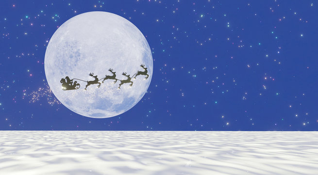Silhouette Santa and Reindeer with golden magic sparkle flying in the dark blue sky with super full moon and many stars. Concept for christmas eve. 3D Rendering.