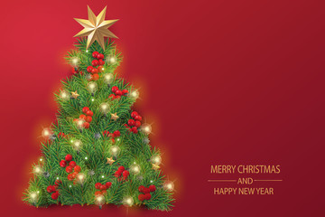 Merry Christmas and Happy New Year. Christmas greeting card made by Christmas tree and light bulbs with decoration in red background.