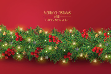 Merry Christmas and Happy New Year. Christmas tree branches and light bulbs with decorated in red background.	