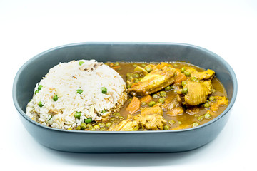 Chicken curry with rice and green bean on plate isolated on white background