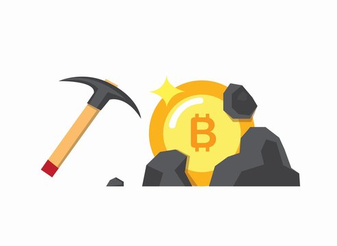 Mining bitcoin in blackstone with pickaxe flat illustration vector 