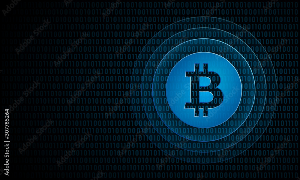 Poster digital cryptocurrency mining coin with ripples ''pulse effect'' technology money symbol.