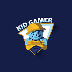 Kid gamer logo for e-sport gaming, a boy holding a joystick game