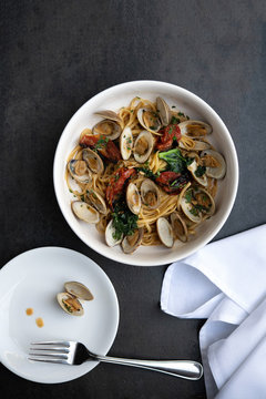 Overhead shot of a bowl of linguini with clams