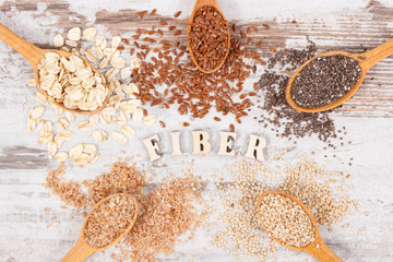 Products and ingredients as source natural vitamins and dietary fiber, healthy nutrition concept