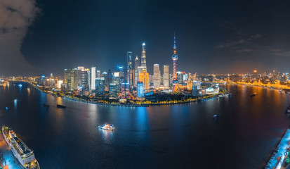 Naklejka premium Panoramic aerial photographs of the night view of Lujiazuno City, Shanghai, China